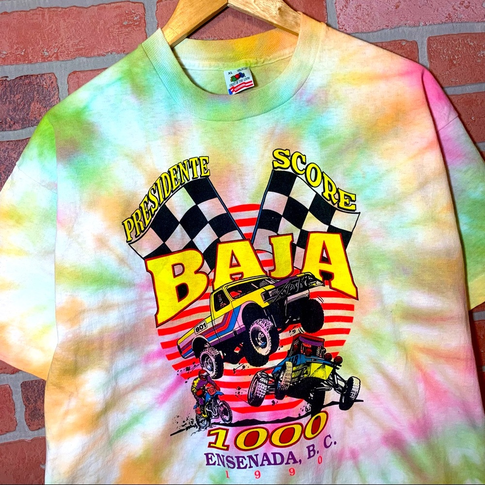 Mens XL vintage 1990 rainbow tie dye Baja Racing T-shirt 90s Mexico neon
